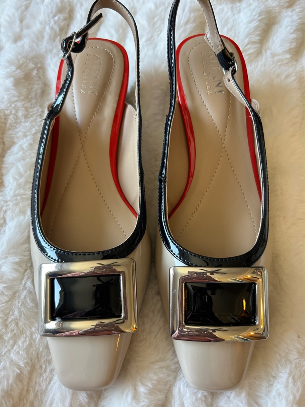Alfani Cream Patent Slingback Block Hell with Black Trim & Red Accent